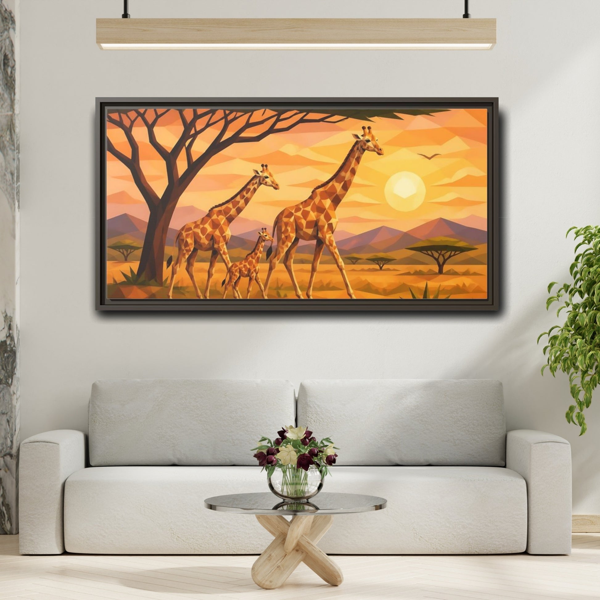 Mockup 2. Giraffe Family Animals Sunset shown as framed canvas print