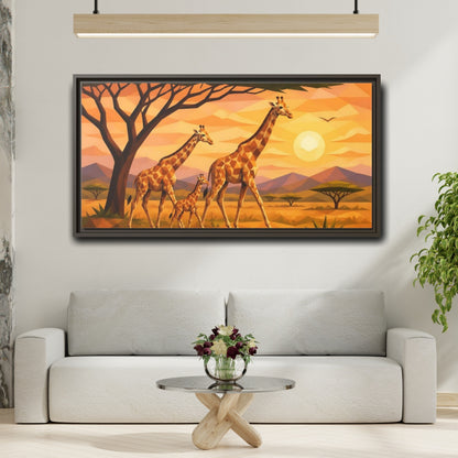 Mockup 2. Giraffe Family Animals Sunset shown as framed canvas print