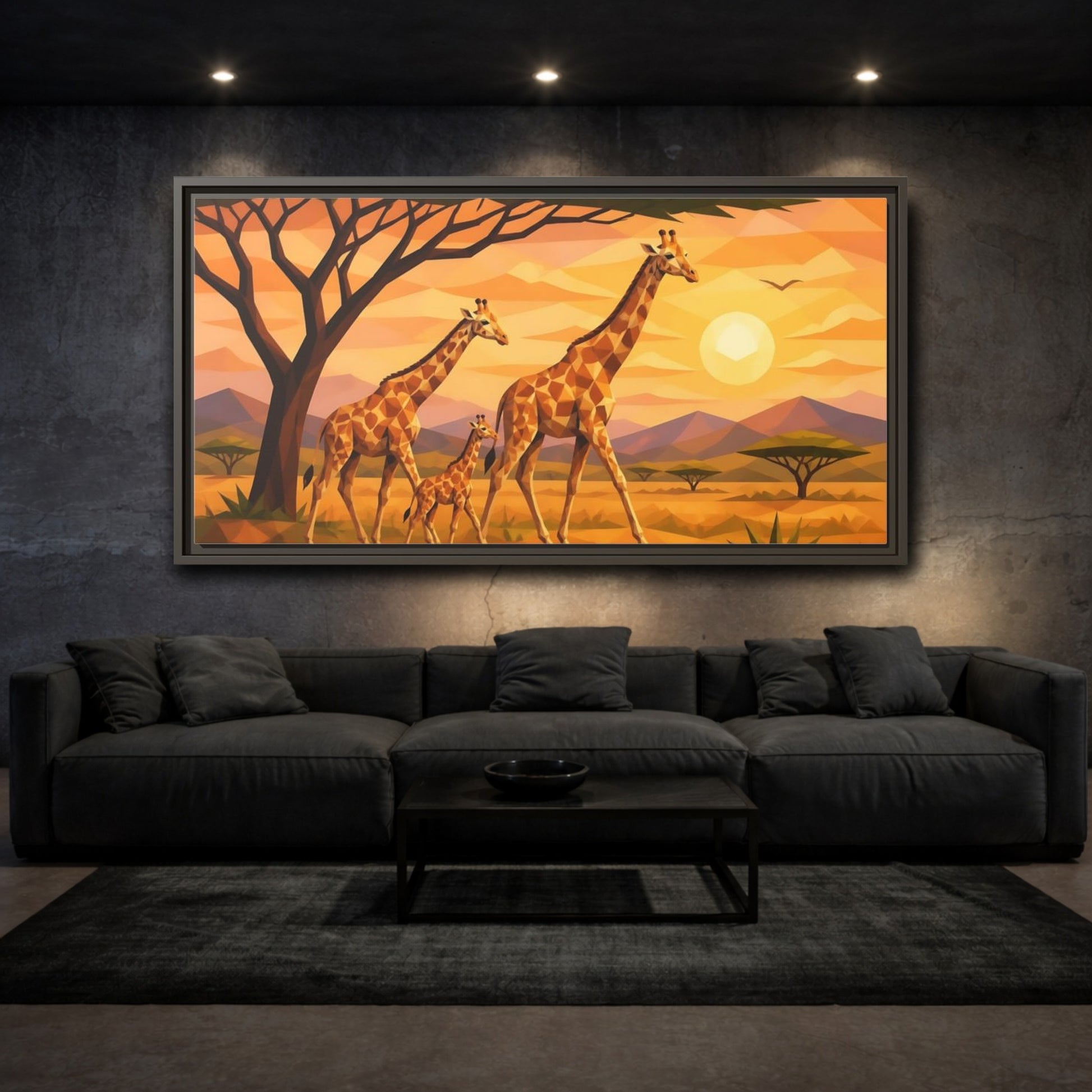 Mockup 3. Giraffe Family Animals Sunset shown as framed canvas print