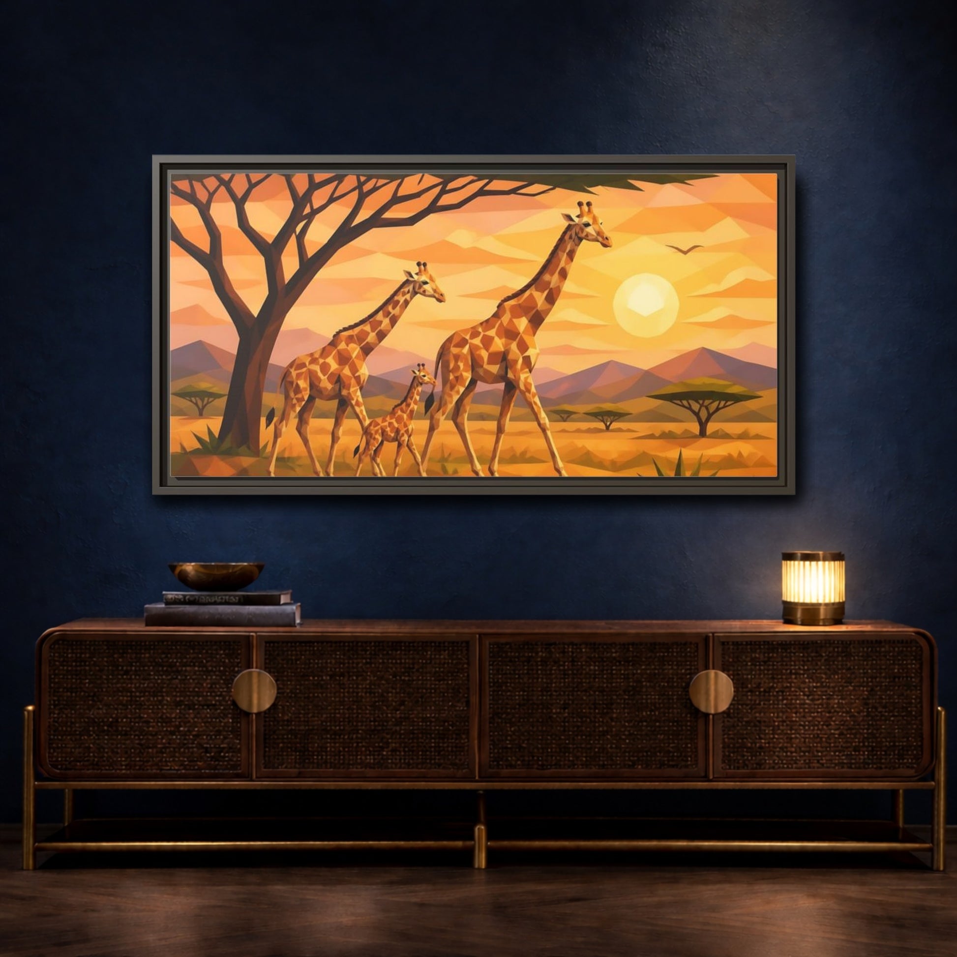 Mockup 4. Giraffe Family Animals Sunset shown as framed canvas print