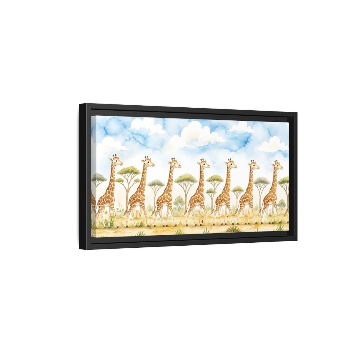 Side Mockup 8. Giraffe Parade In Savanna shown as framed canvas print