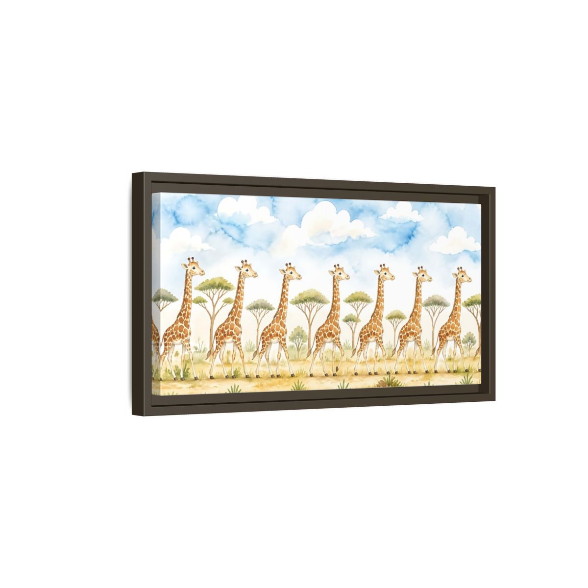 Side Mockup 7. Giraffe Parade In Savanna shown as framed canvas print