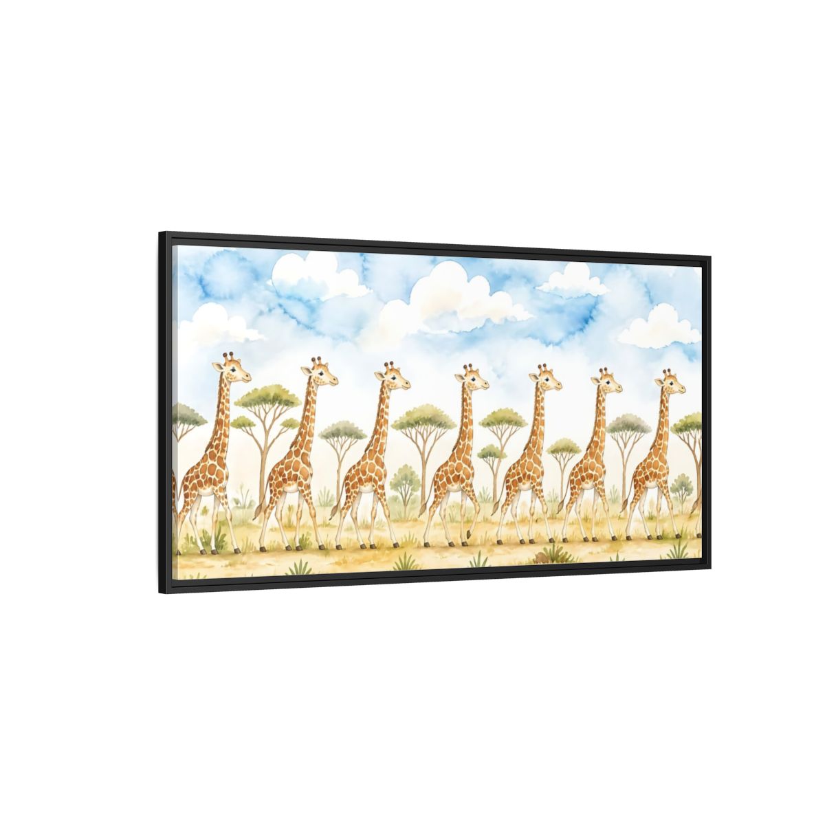 Side Mockup 5. Giraffe Parade In Savanna shown as framed canvas print