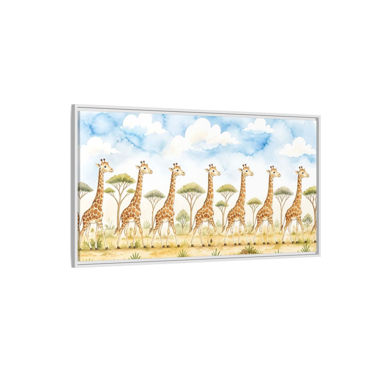 Side Mockup 3. Giraffe Parade In Savanna shown as framed canvas print