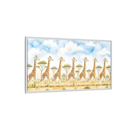 Side Mockup 3. Giraffe Parade In Savanna shown as framed canvas print