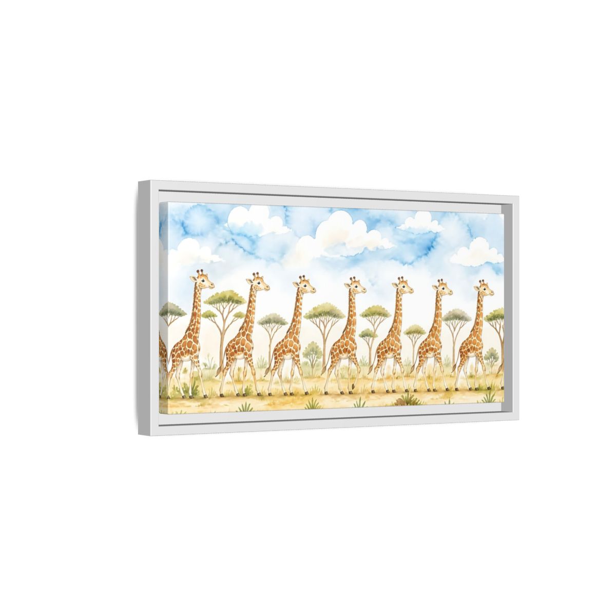 Side Mockup 6. Giraffe Parade In Savanna shown as framed canvas print
