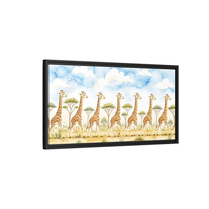 Side Mockup 2. Giraffe Parade In Savanna shown as framed canvas print