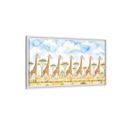 Side Mockup 1. Giraffe Parade In Savanna shown as framed canvas print