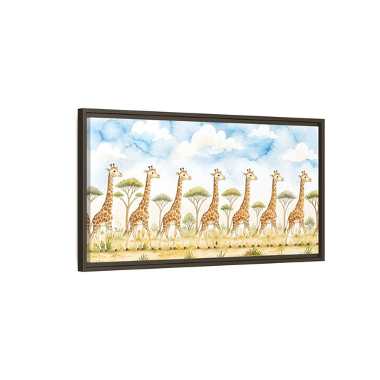 Main Mockup. Giraffe Parade In Savanna shown as framed canvas print