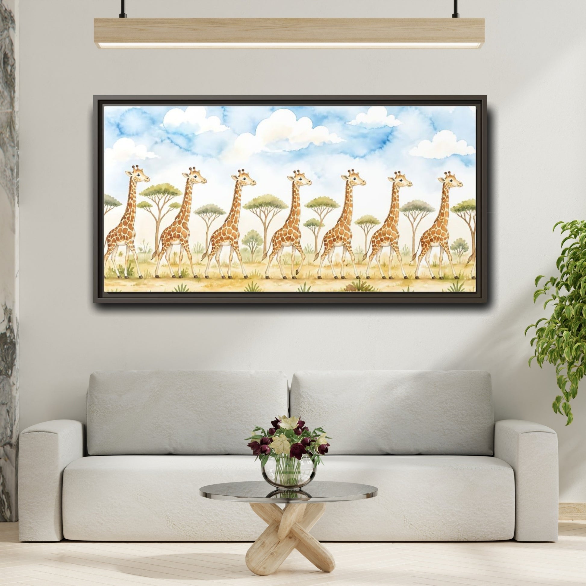 Mockup 2. Giraffe Parade In Savanna shown as framed canvas print