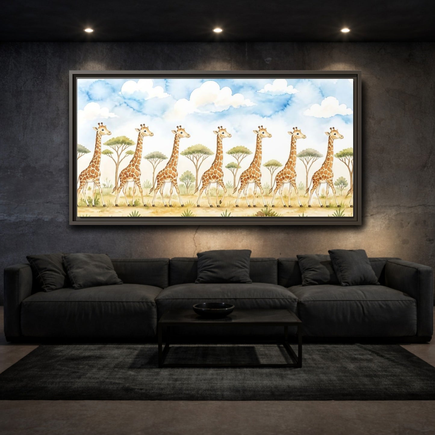 Mockup 3. Giraffe Parade In Savanna shown as framed canvas print