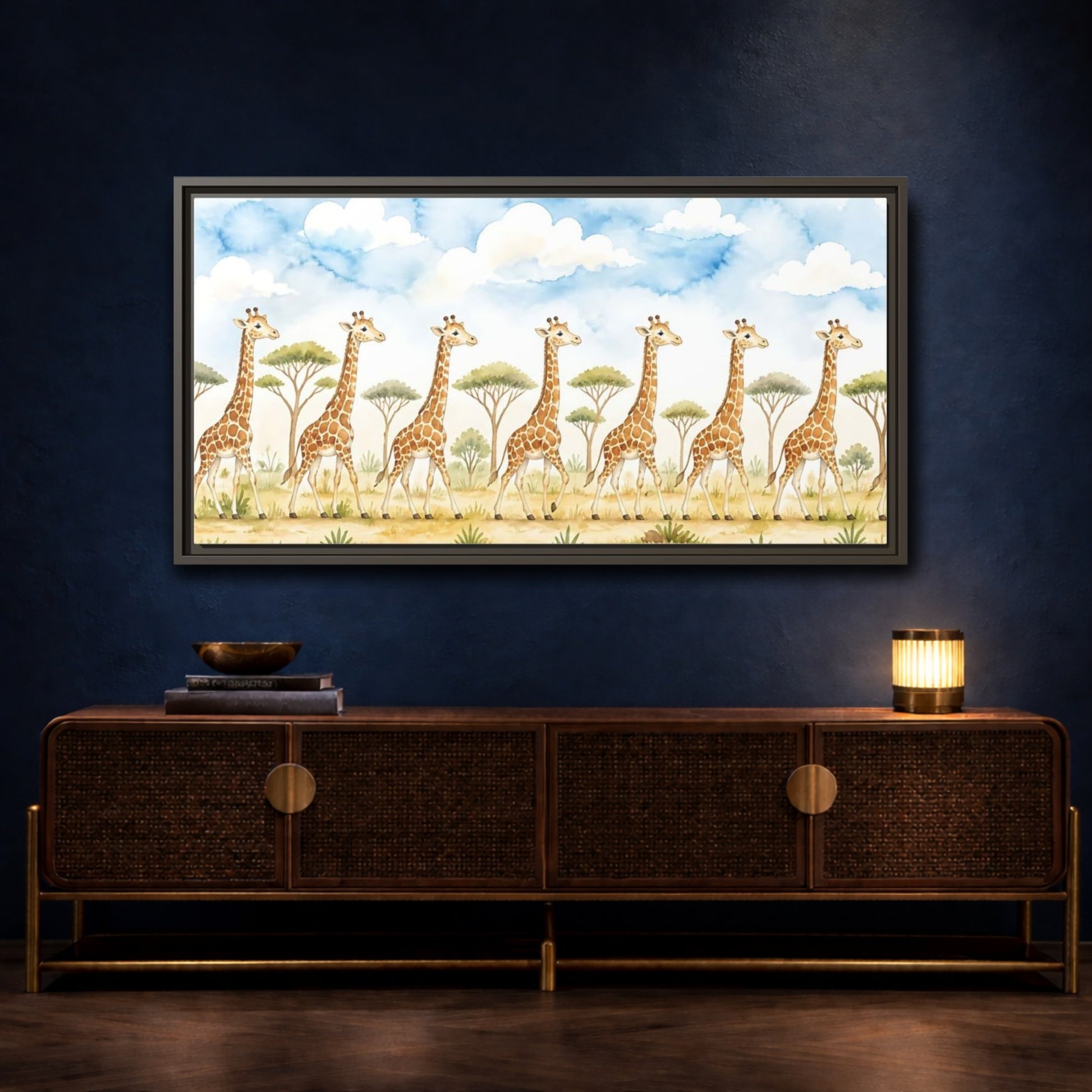 Mockup 4. Giraffe Parade In Savanna shown as framed canvas print
