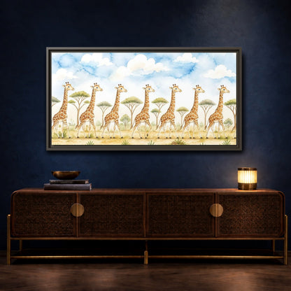 Mockup 4. Giraffe Parade In Savanna shown as framed canvas print