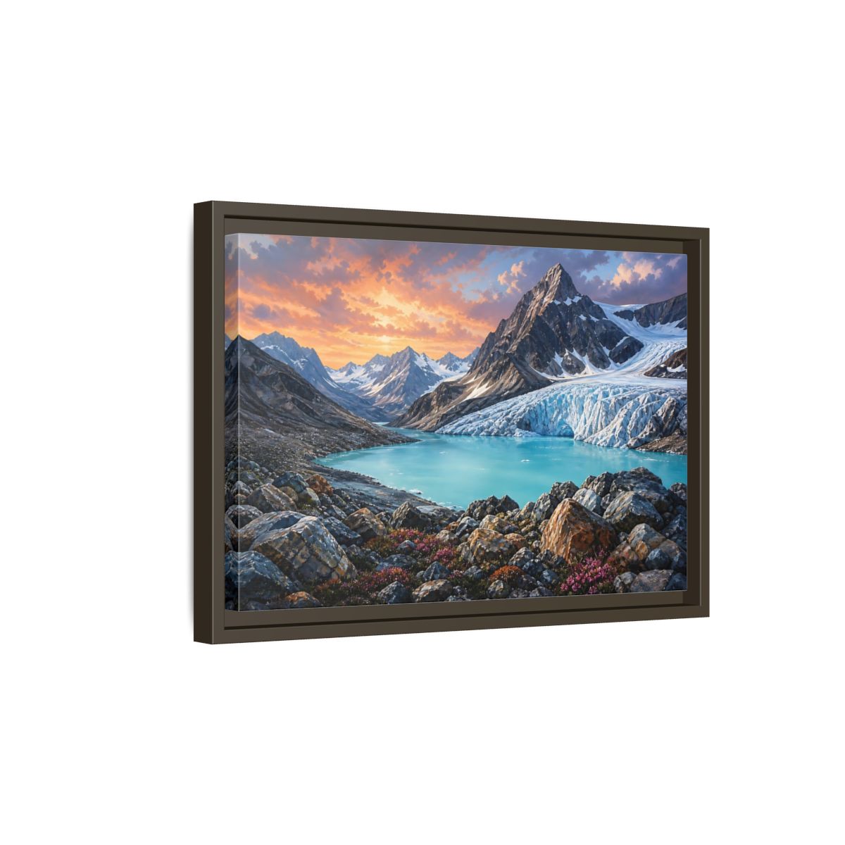 Side Mockup 5. Glacial Mountain Sunset shown as framed canvas print