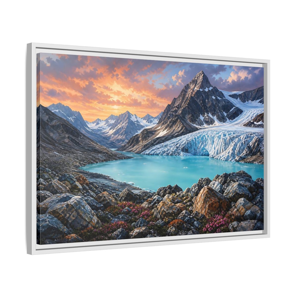 Side Mockup 10. Glacial Mountain Sunset shown as framed canvas print