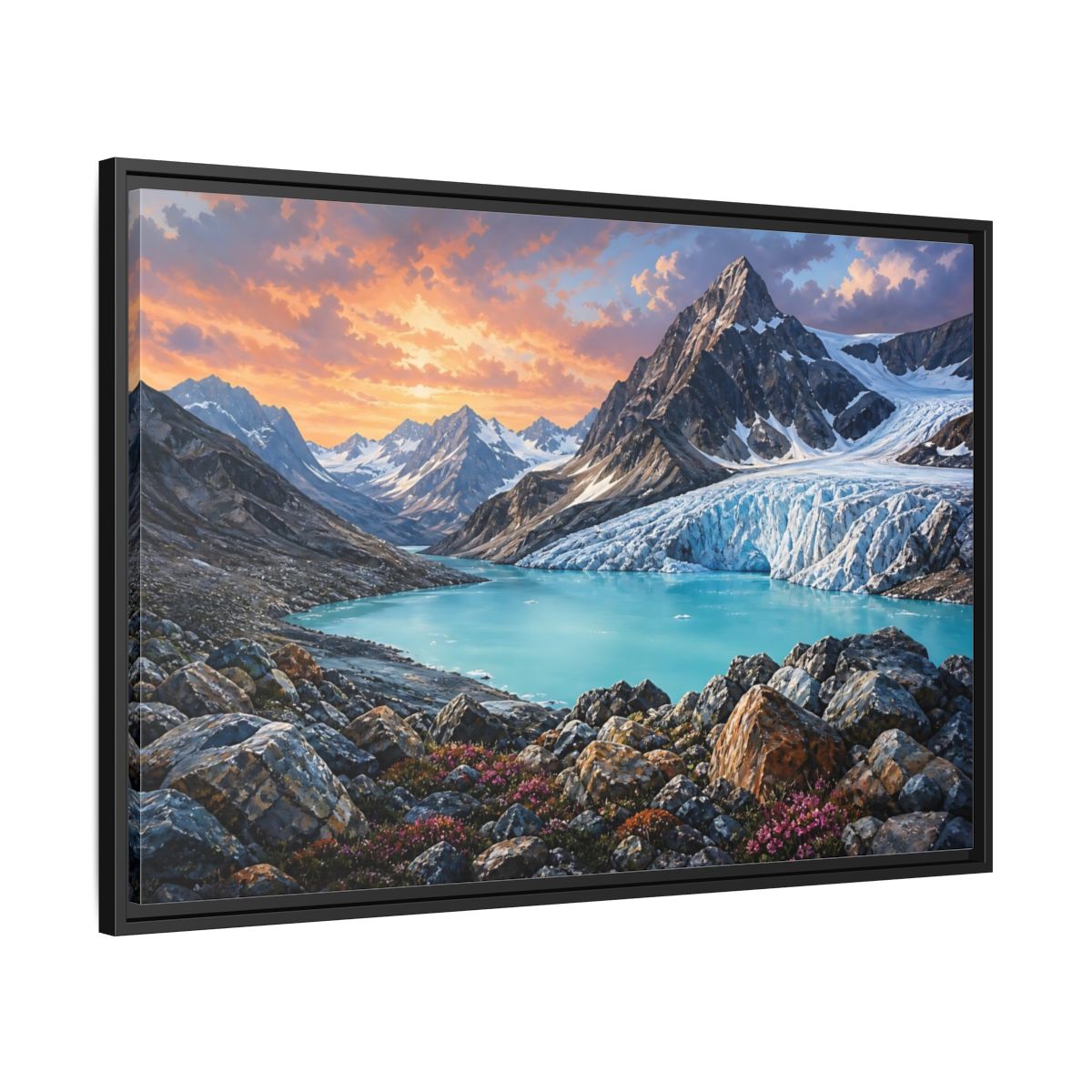 Side Mockup 13. Glacial Mountain Sunset shown as framed canvas print
