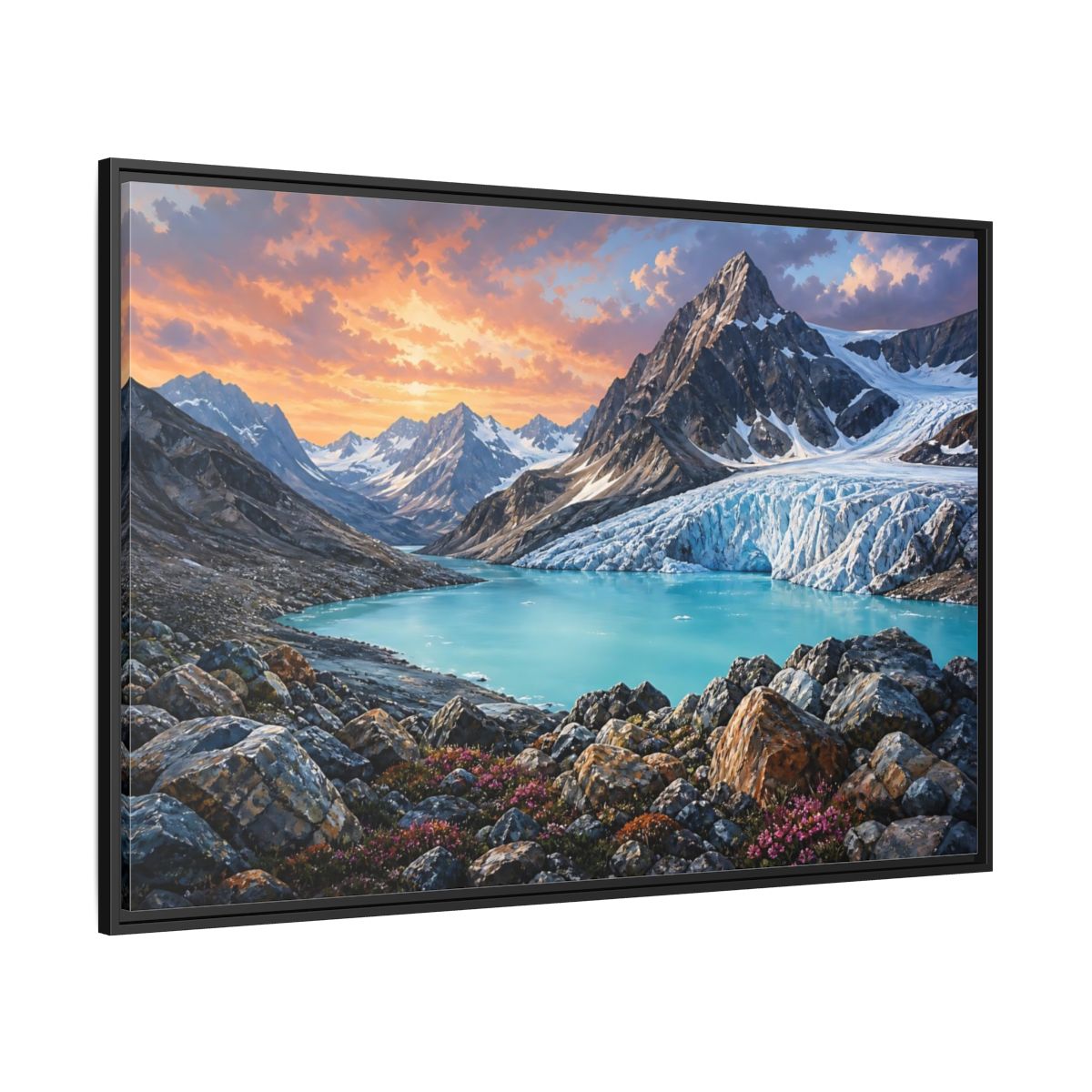Side Mockup 12. Glacial Mountain Sunset shown as framed canvas print