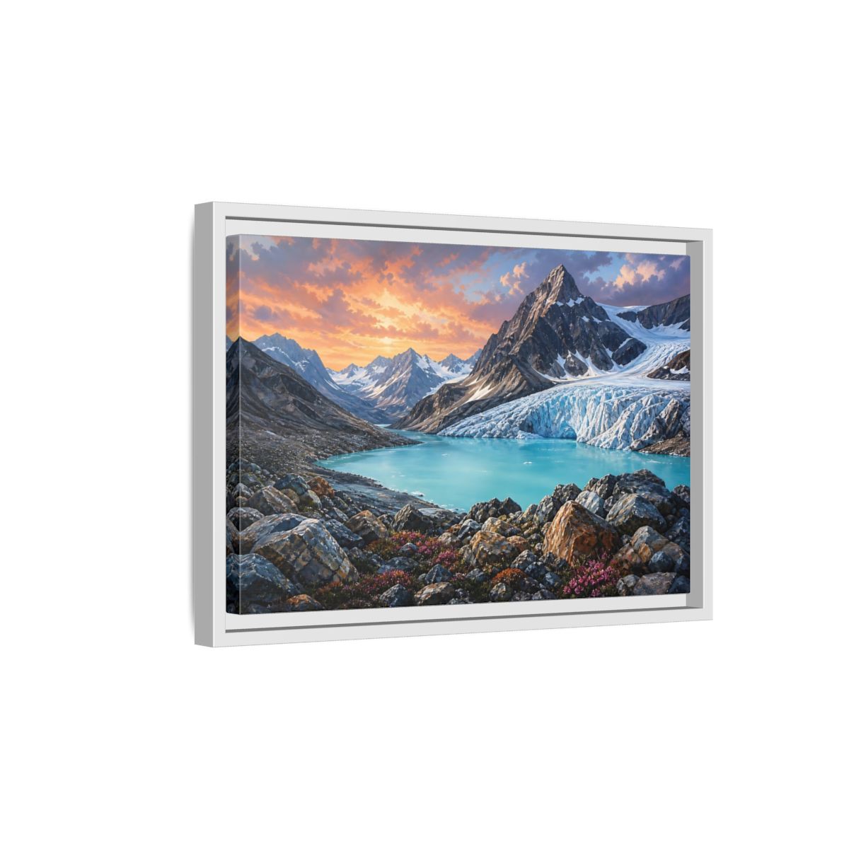 Side Mockup 4. Glacial Mountain Sunset shown as framed canvas print