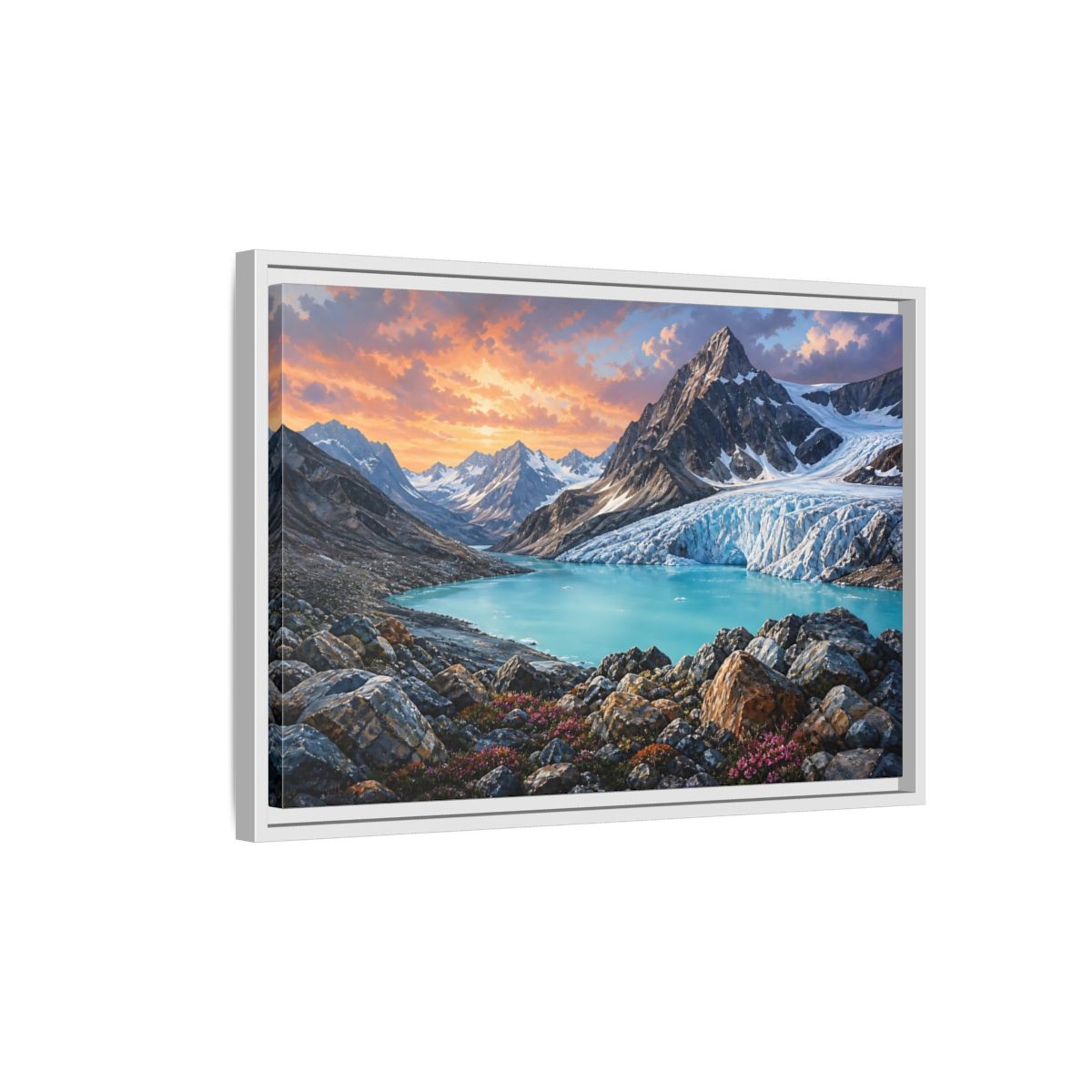 Side Mockup 1. Glacial Mountain Sunset shown as framed canvas print
