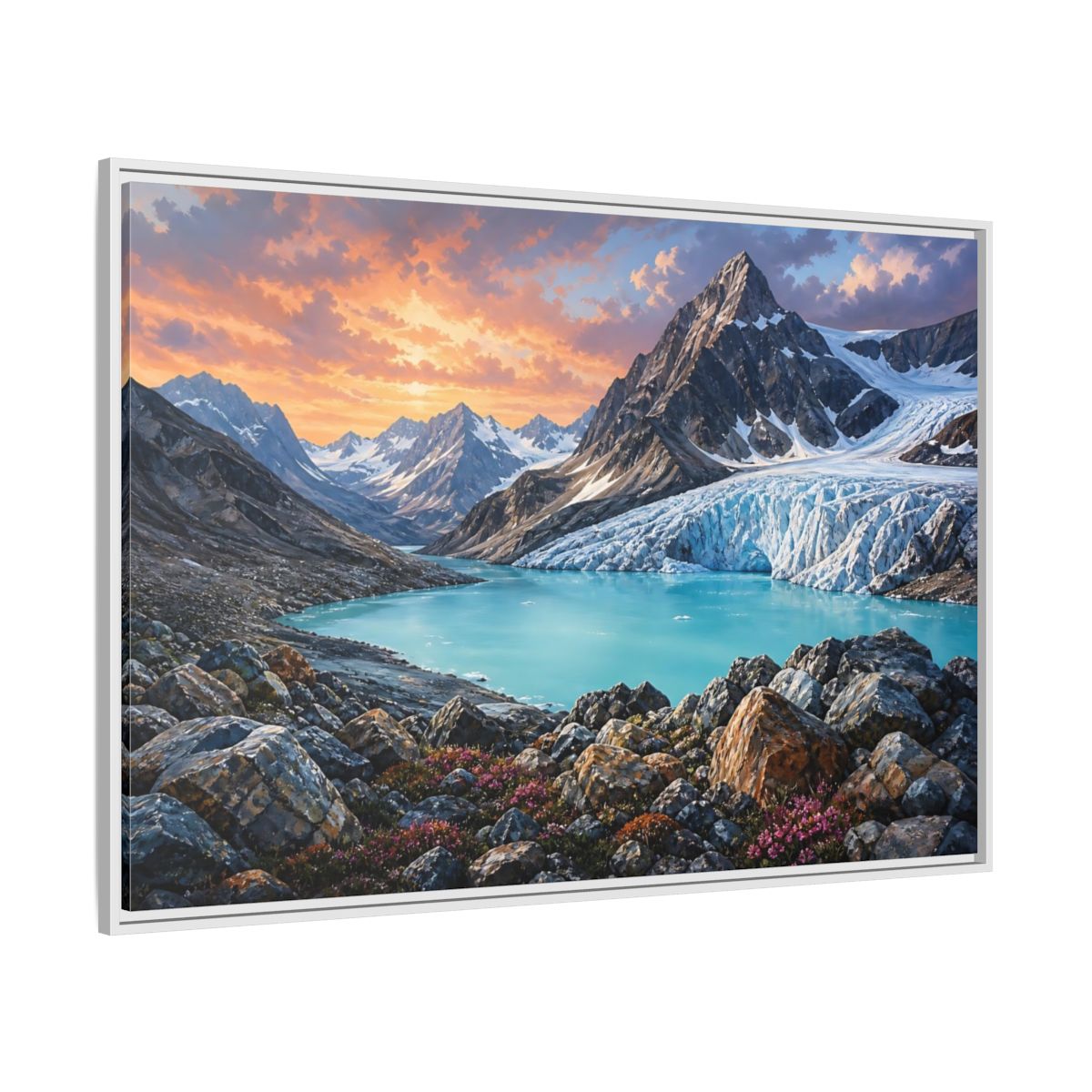 Side Mockup 7. Glacial Mountain Sunset shown as framed canvas print