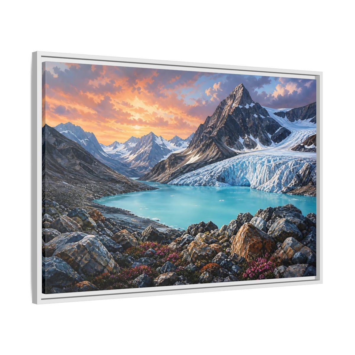 Side Mockup 9. Glacial Mountain Sunset shown as framed canvas print