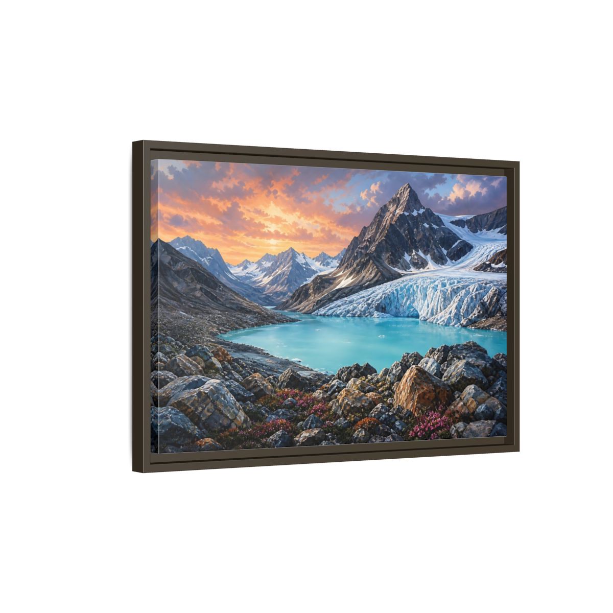 Side Mockup 2. Glacial Mountain Sunset shown as framed canvas print