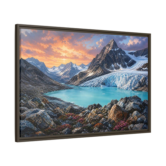 Main Mockup. Glacial Mountain Sunset shown as framed canvas print