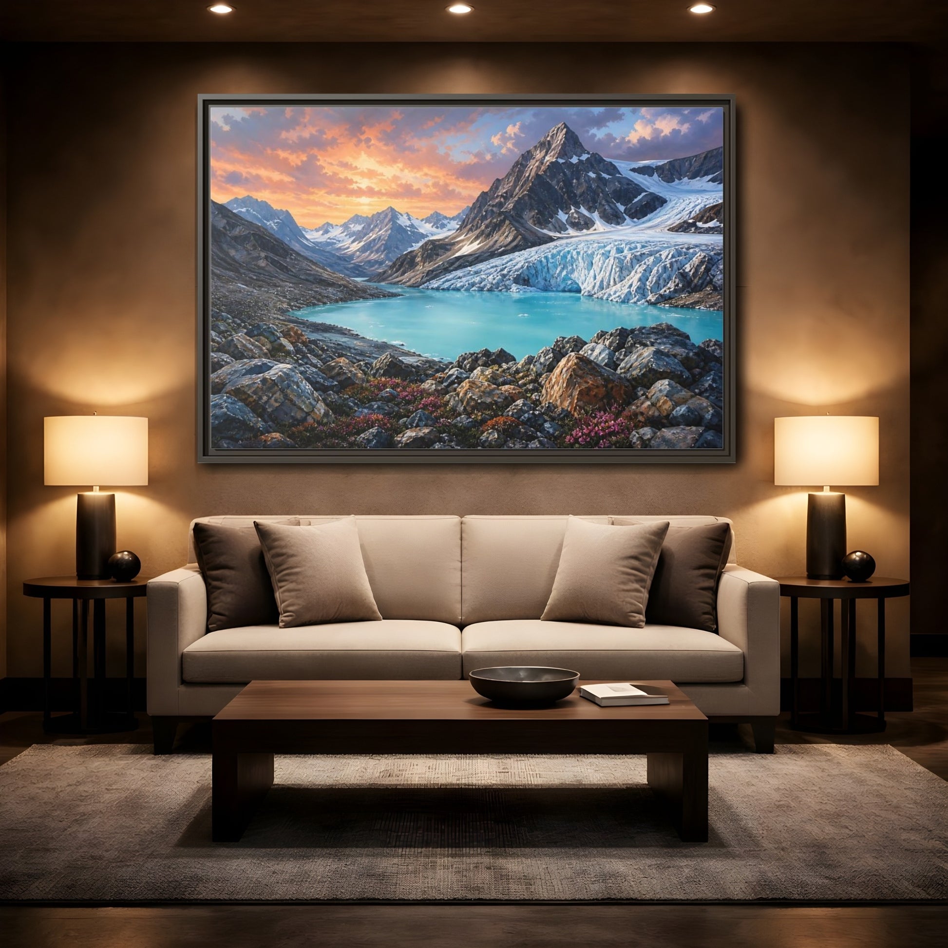 Mockup 2. Glacial Mountain Sunset shown as framed canvas print