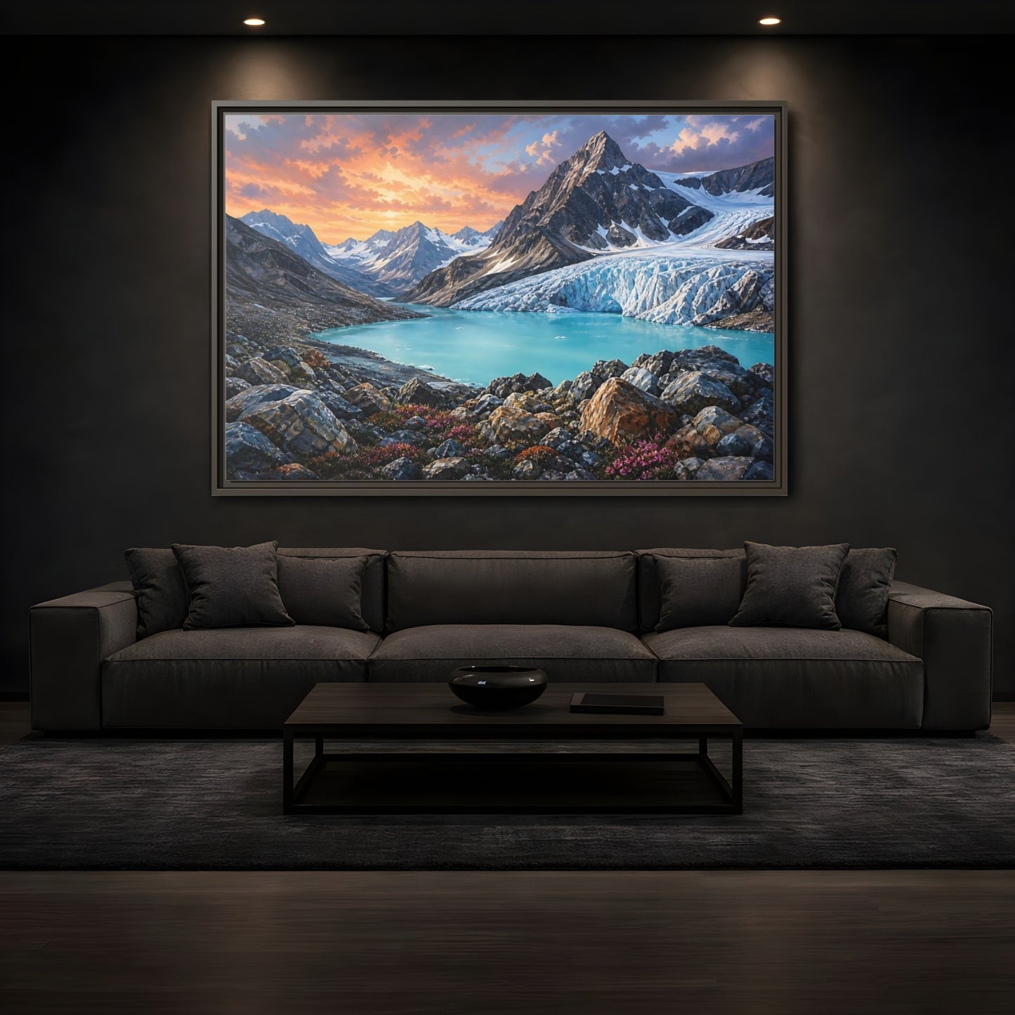 Mockup 3. Glacial Mountain Sunset shown as framed canvas print