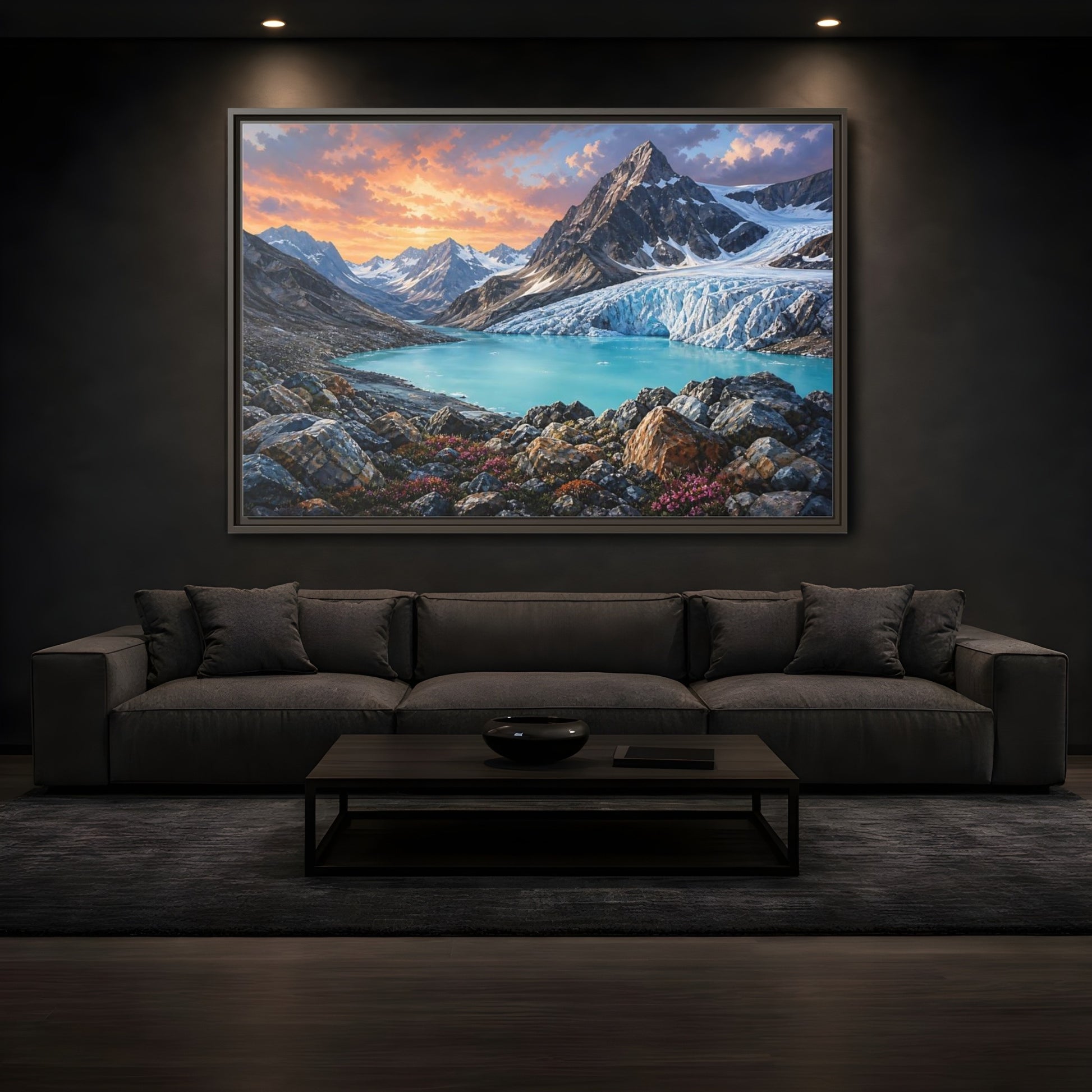 Mockup 3. Glacial Mountain Sunset shown as framed canvas print