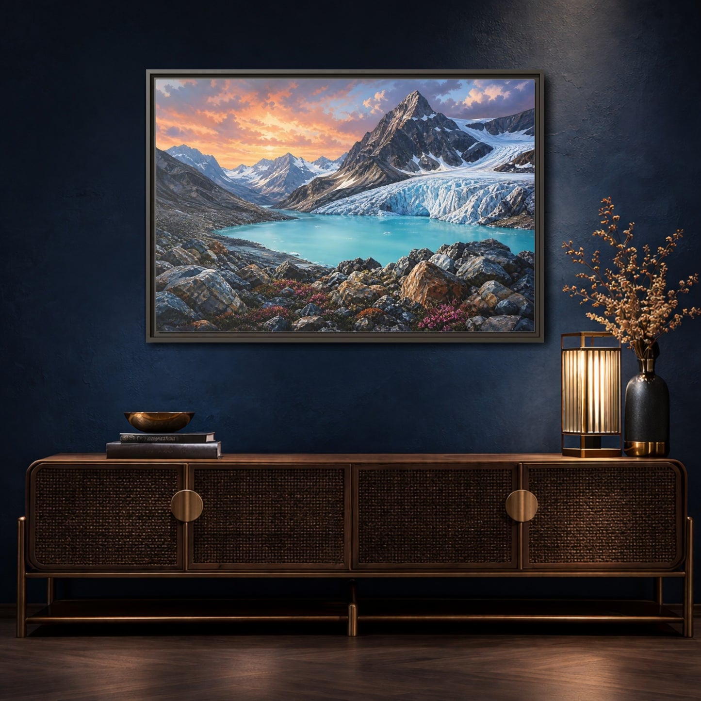 Mockup 4. Glacial Mountain Sunset shown as framed canvas print