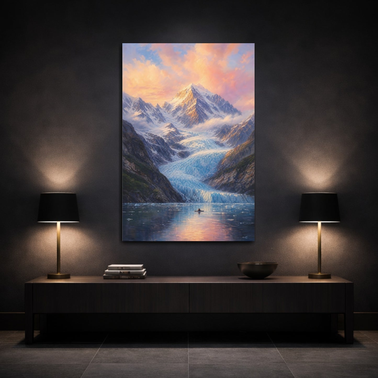 Mockup 3. Glacier At Sunset shown as canvas print