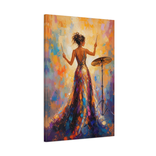 Main Mockup. Glamorous Drummer In Gown shown as canvas print