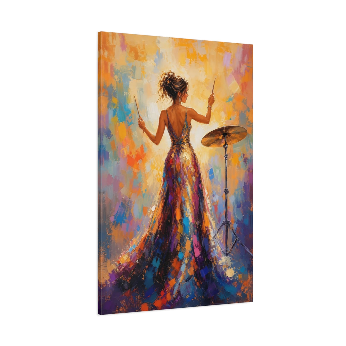 Side Mockup 1. Glamorous Drummer In Gown shown as canvas print