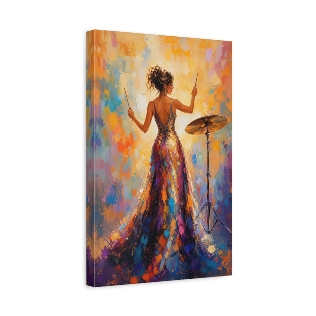 Side Mockup 4. Glamorous Drummer In Gown shown as canvas print