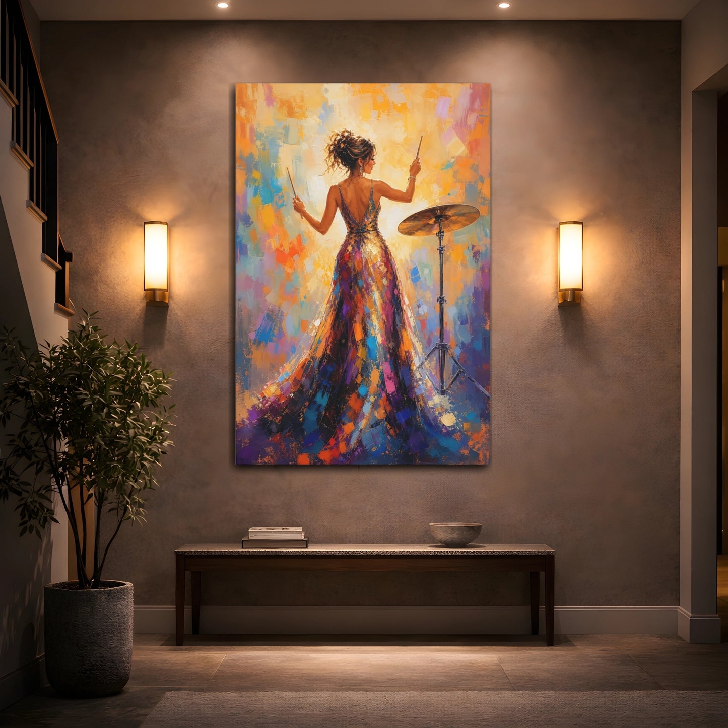 Mockup 2. Glamorous Drummer In Gown shown as canvas print