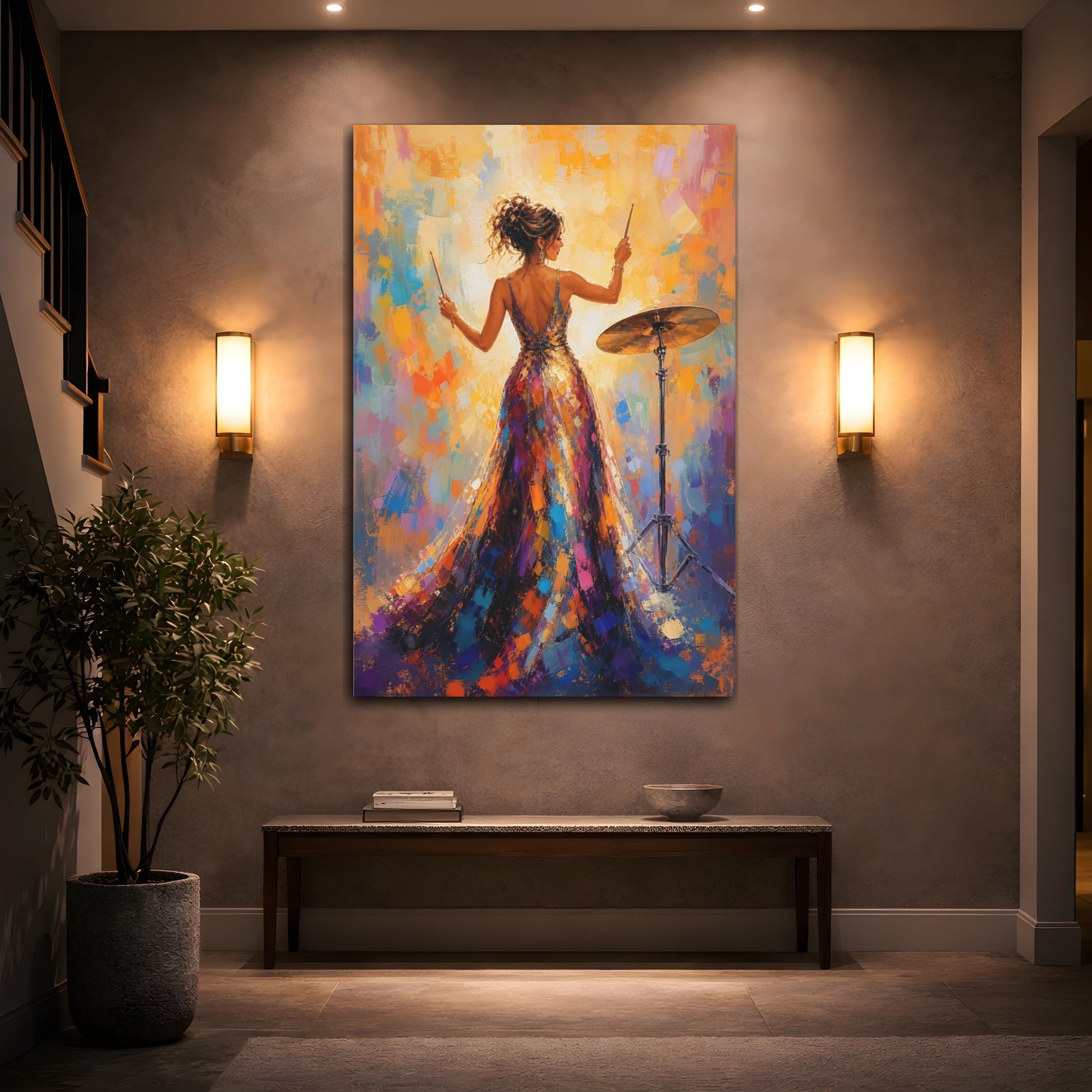 Mockup 2. Glamorous Drummer In Gown shown as canvas print