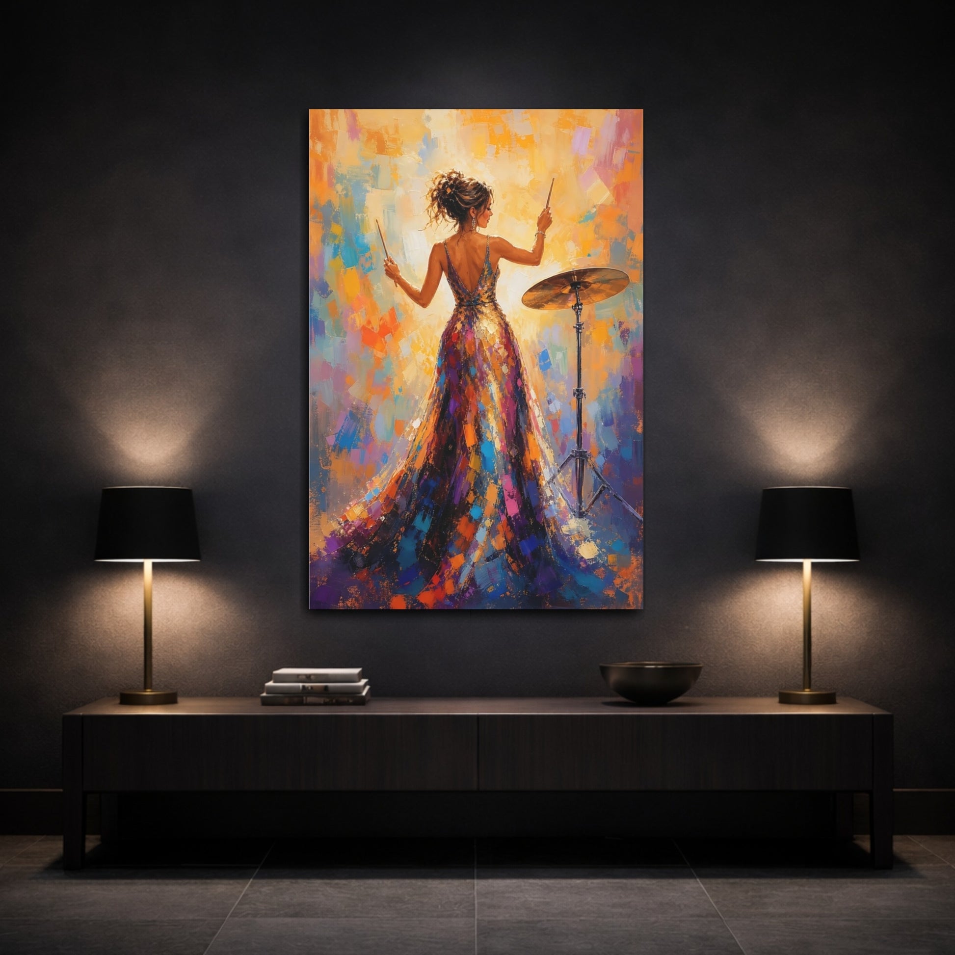 Mockup 3. Glamorous Drummer In Gown shown as canvas print