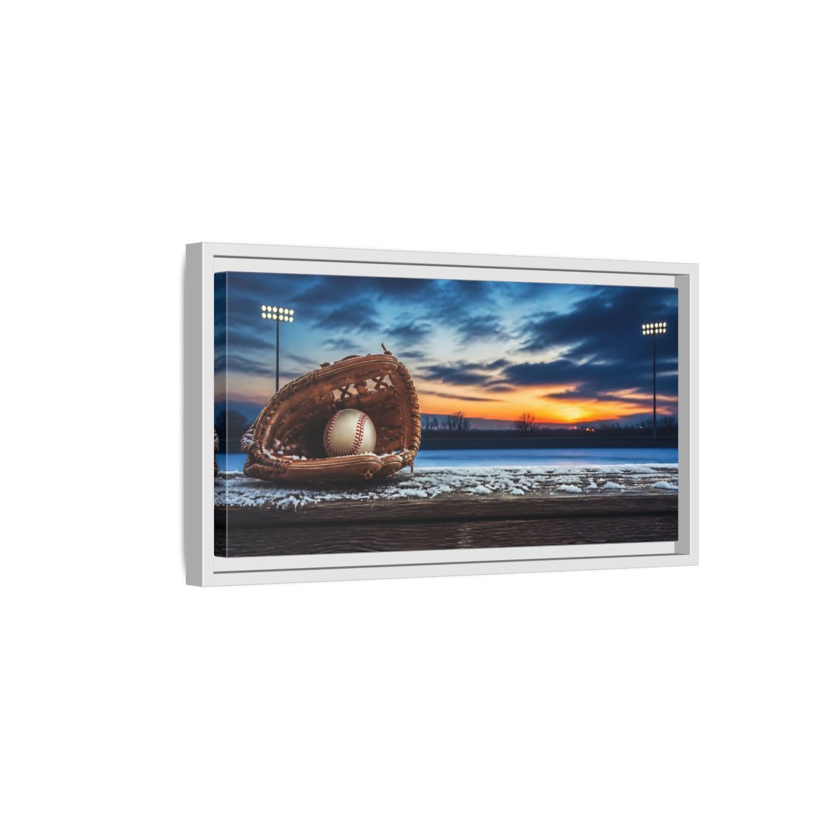 Side Mockup 6. Glove And Ball At Sunset shown as framed canvas print