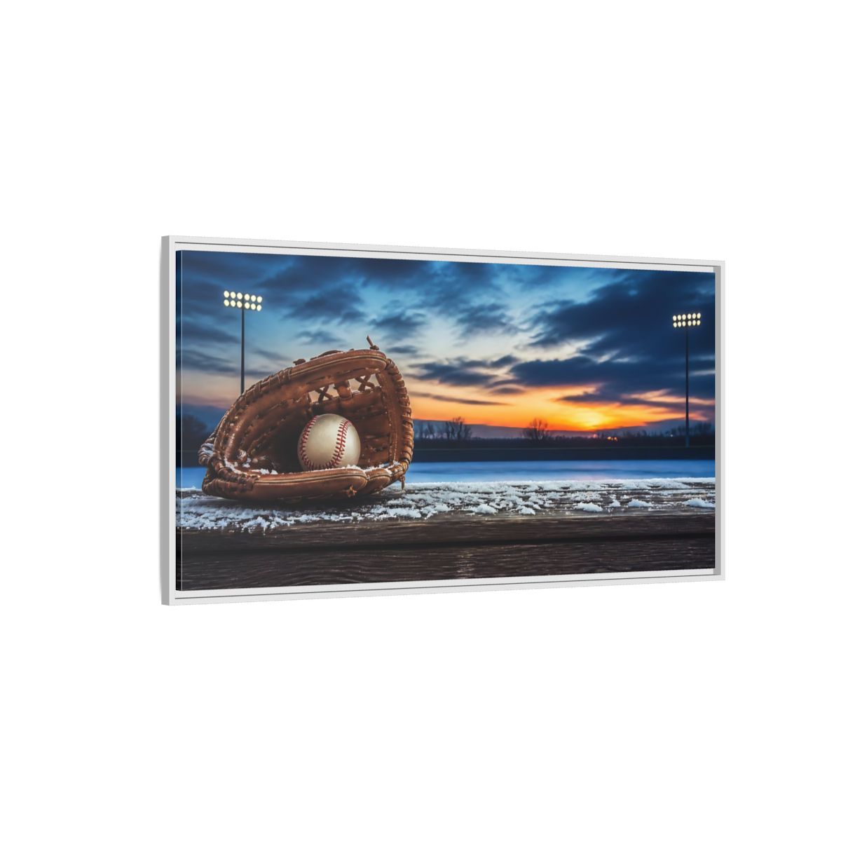 Side Mockup 3. Glove And Ball At Sunset shown as framed canvas print