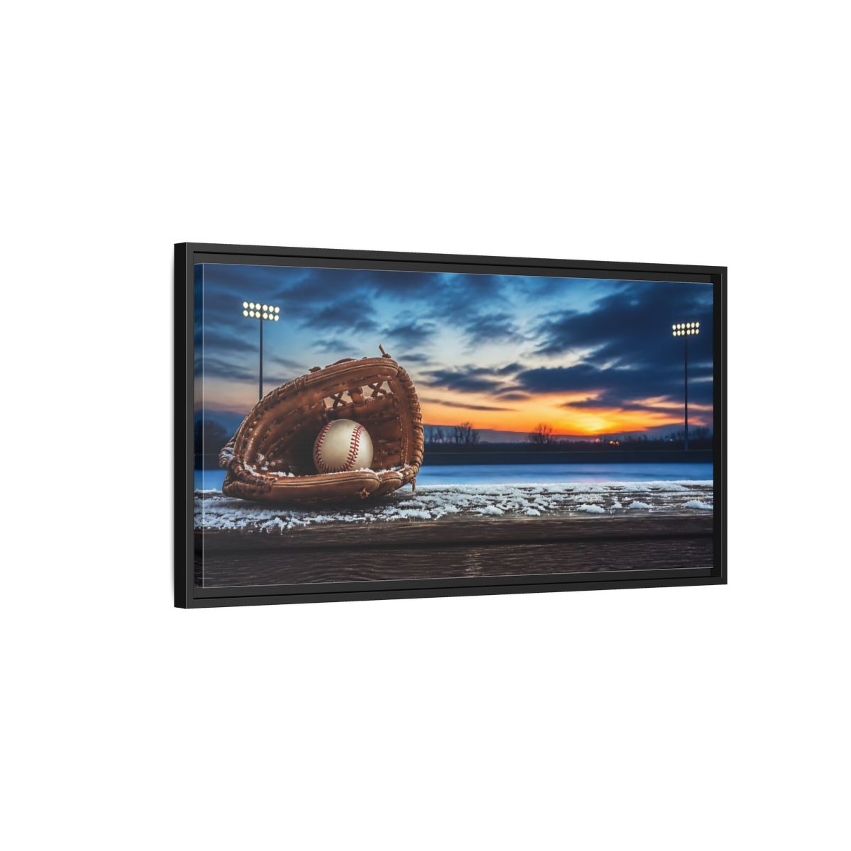 Side Mockup 2. Glove And Ball At Sunset shown as framed canvas print
