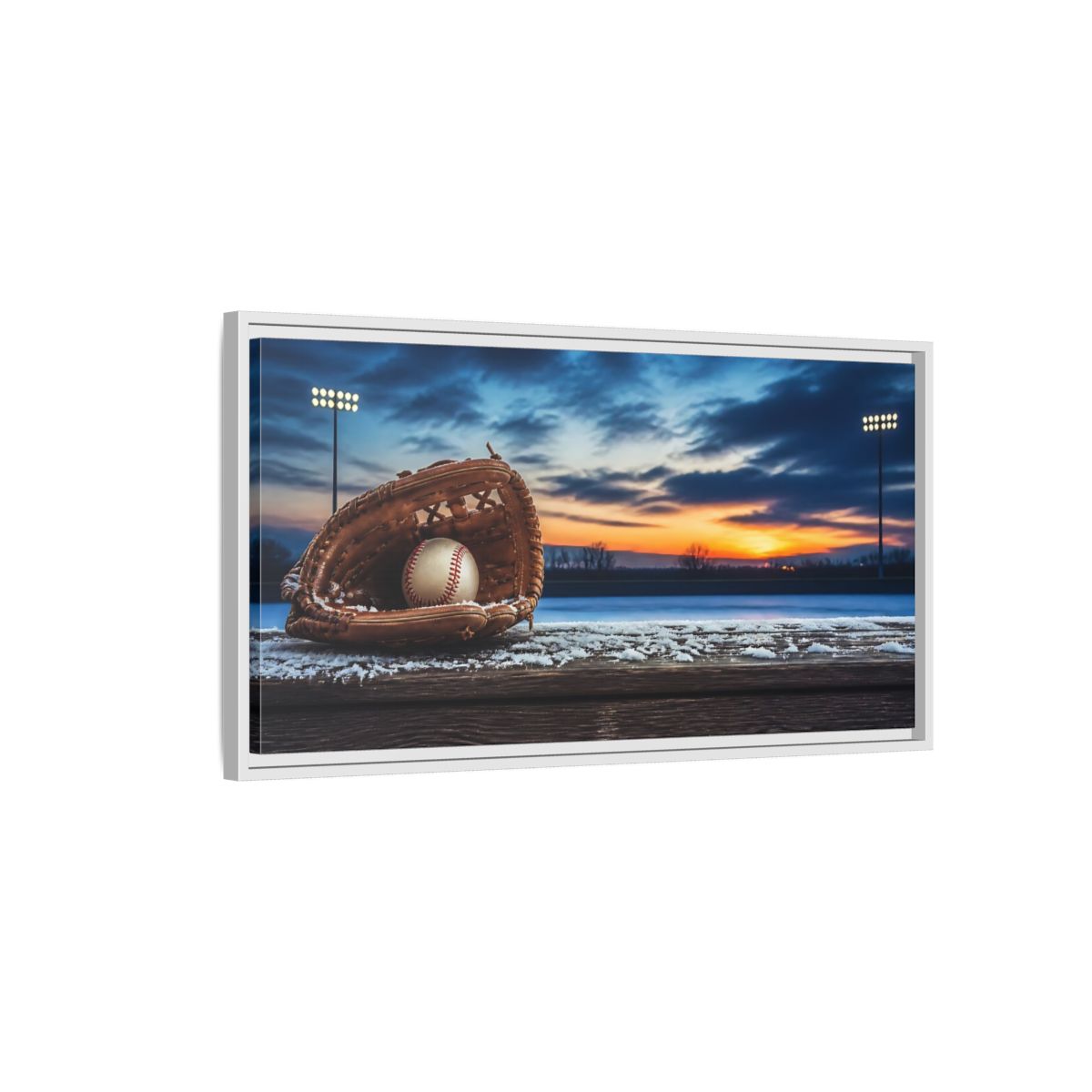 Side Mockup 1. Glove And Ball At Sunset shown as framed canvas print