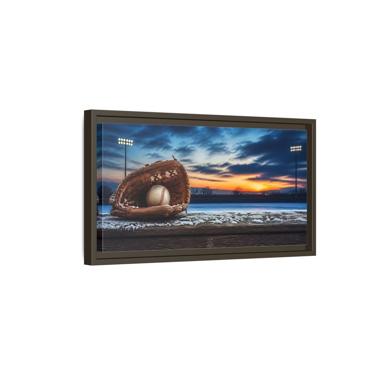 Side Mockup 7. Glove And Ball At Sunset shown as framed canvas print