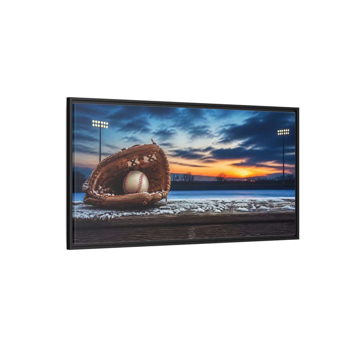 Side Mockup 5. Glove And Ball At Sunset shown as framed canvas print