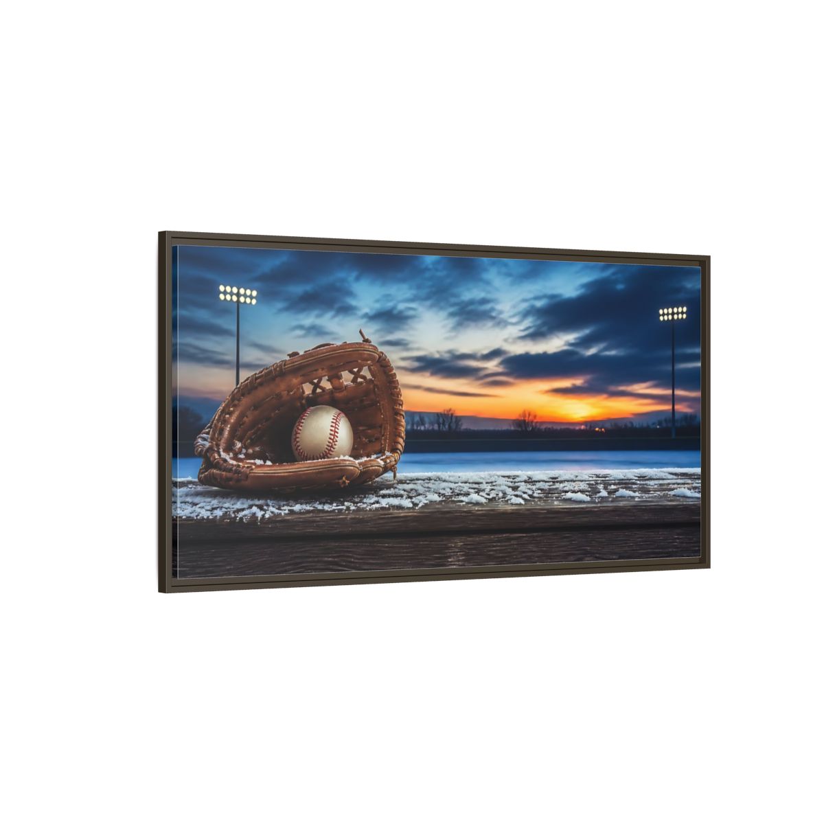 Side Mockup 4. Glove And Ball At Sunset shown as framed canvas print