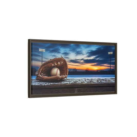 Main Mockup. Glove And Ball At Sunset shown as framed canvas print