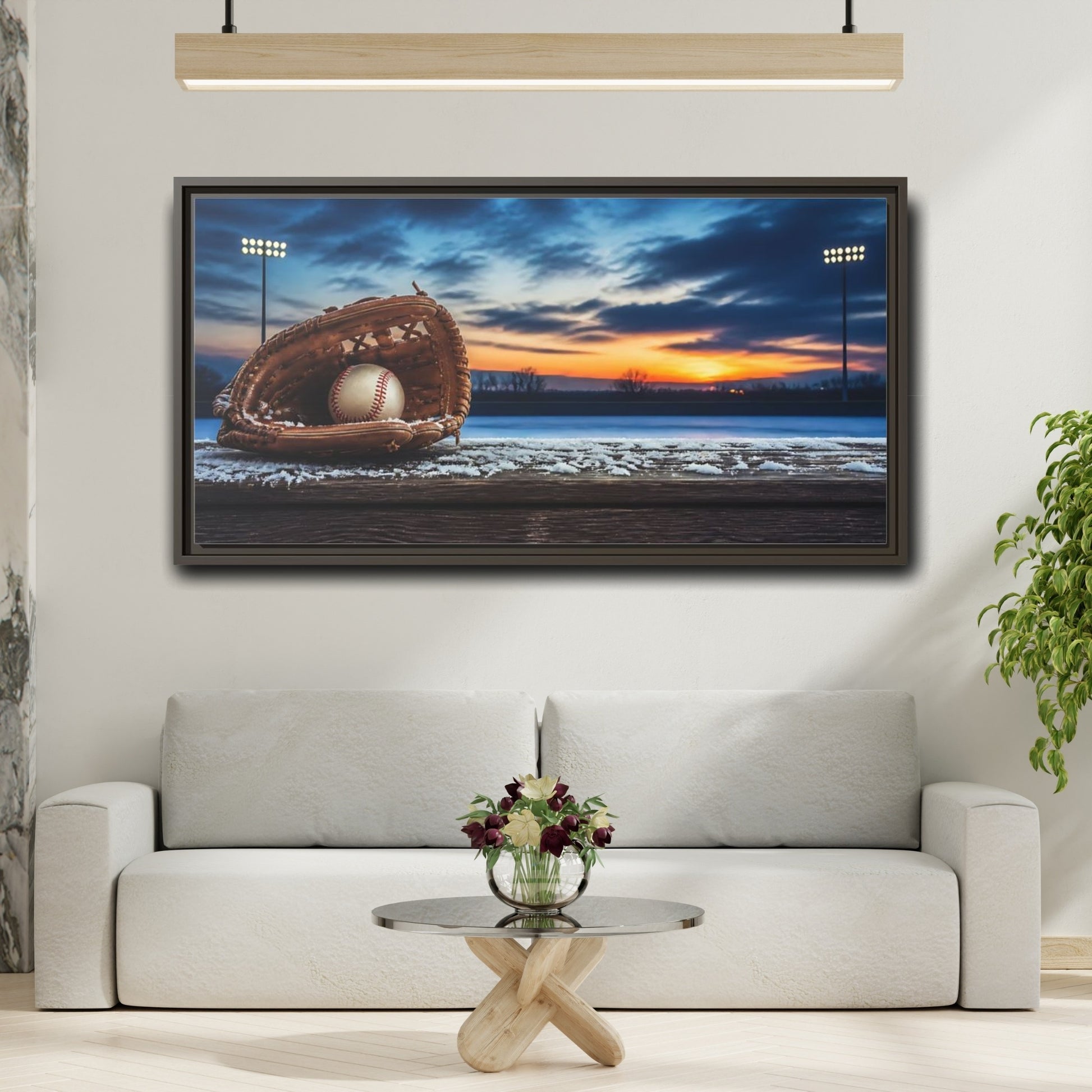 Mockup 2. Glove And Ball At Sunset shown as framed canvas print
