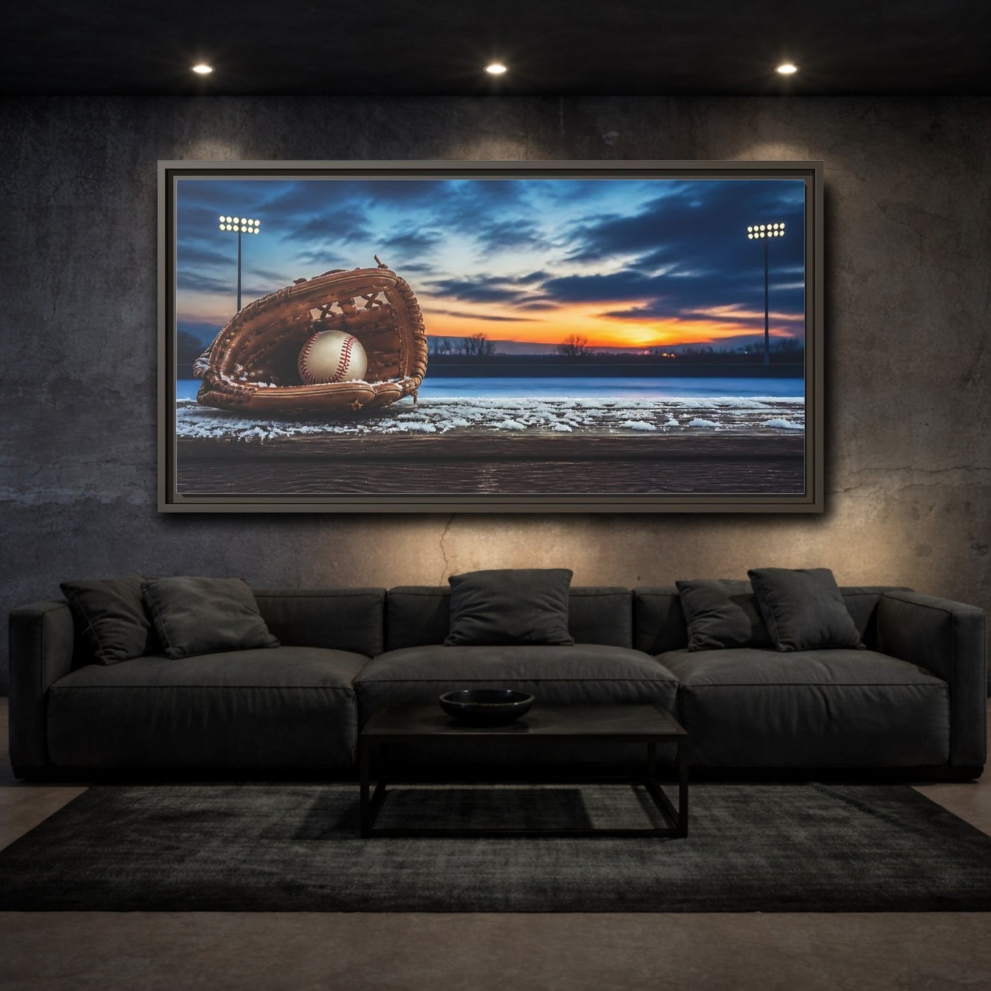 Mockup 3. Glove And Ball At Sunset shown as framed canvas print