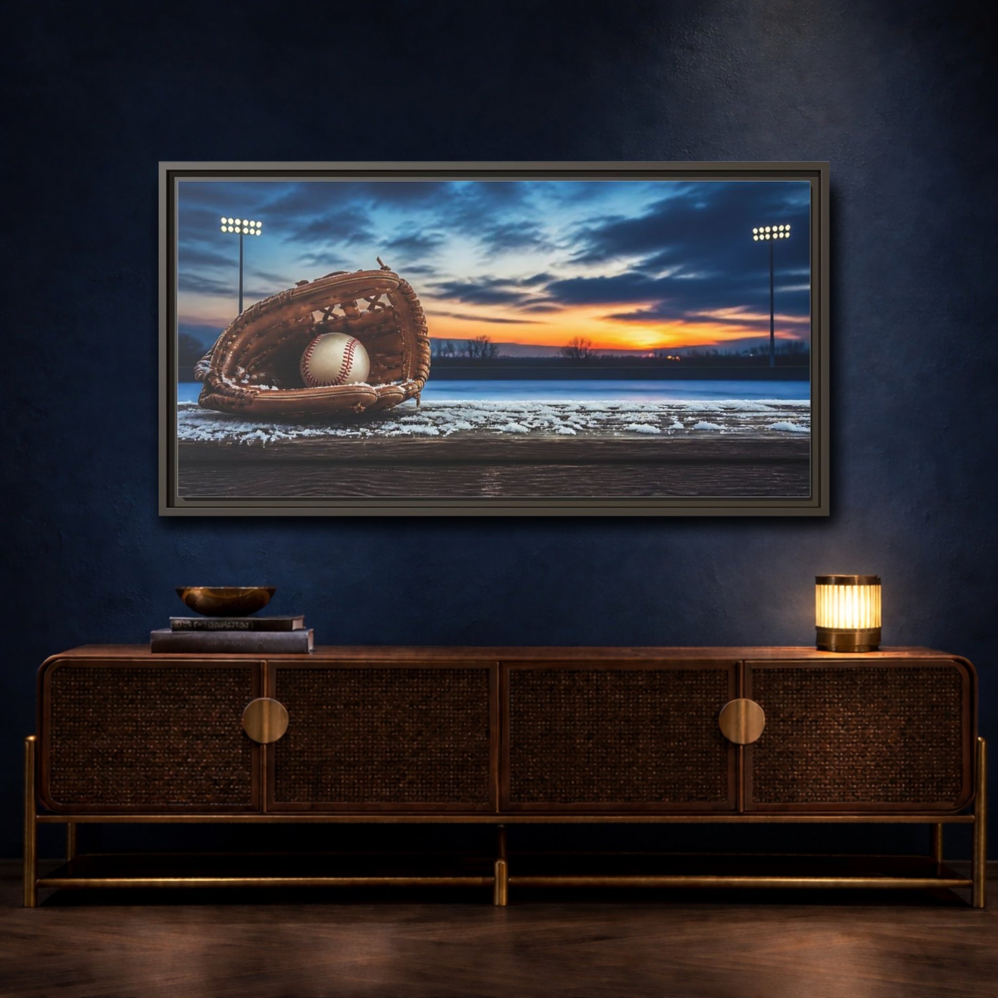 Mockup 4. Glove And Ball At Sunset shown as framed canvas print