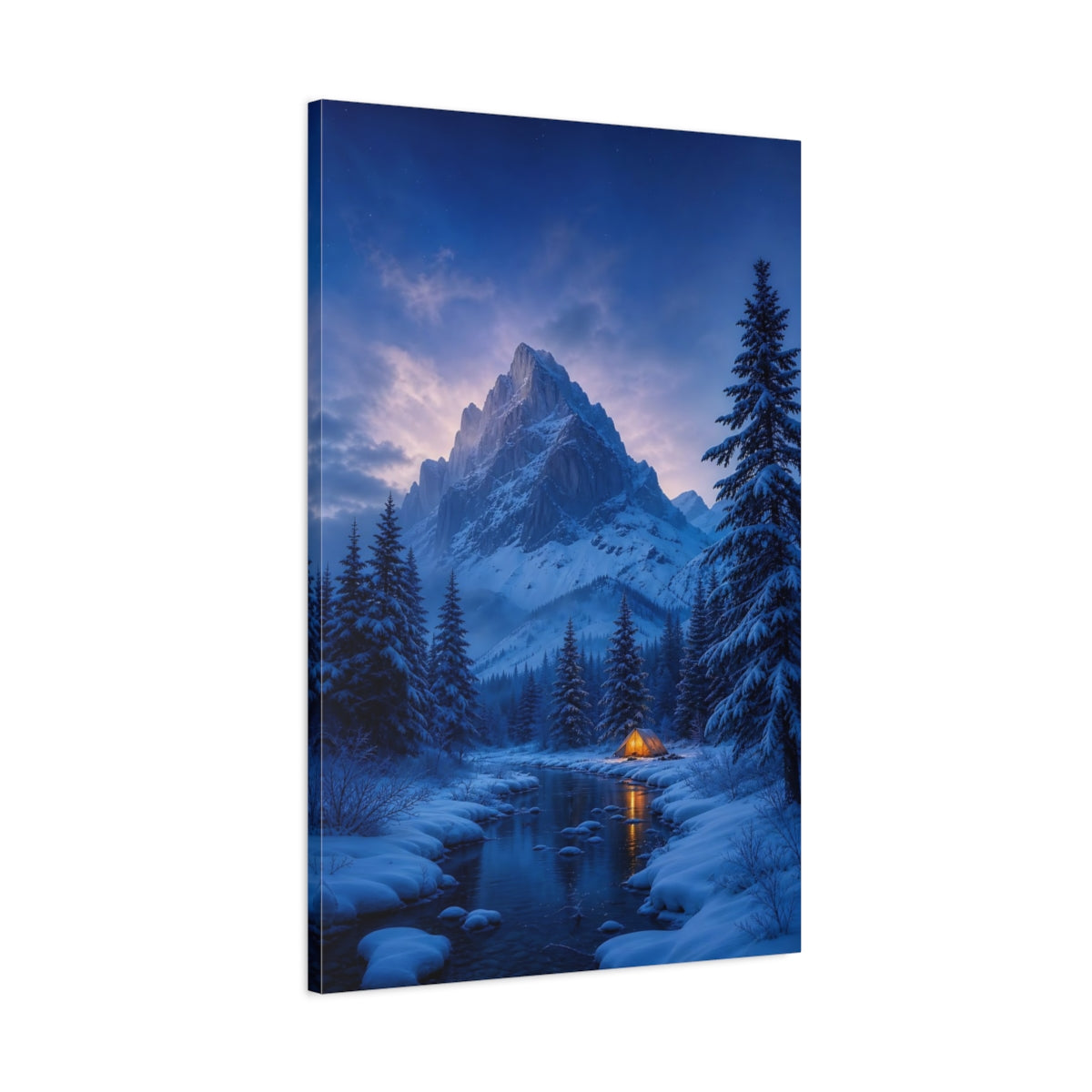 Main Mockup. Glowing Tent In Snow shown as canvas print